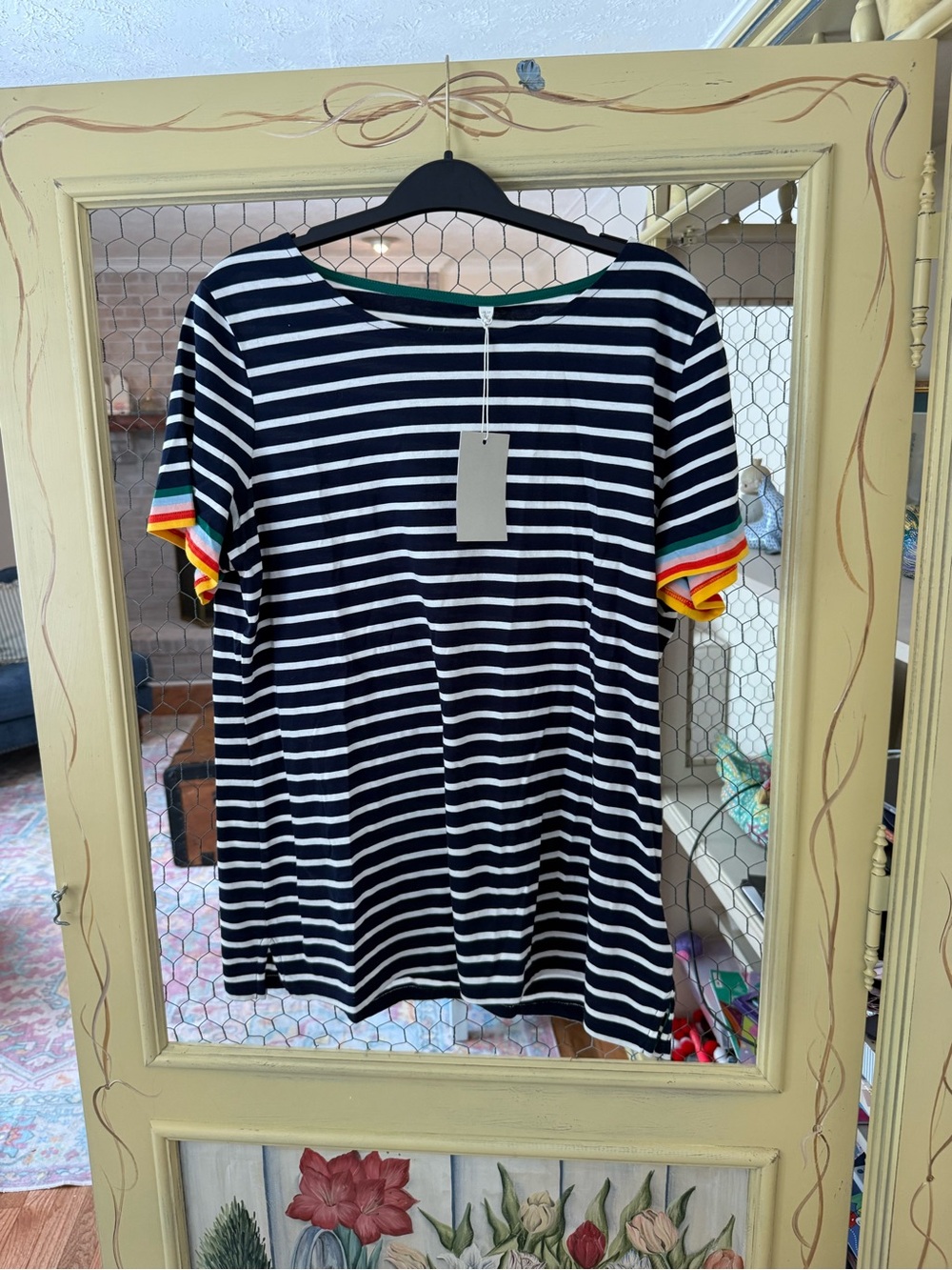 Boden Navy & White Striped Tee with Rainbow Sleeve Bands